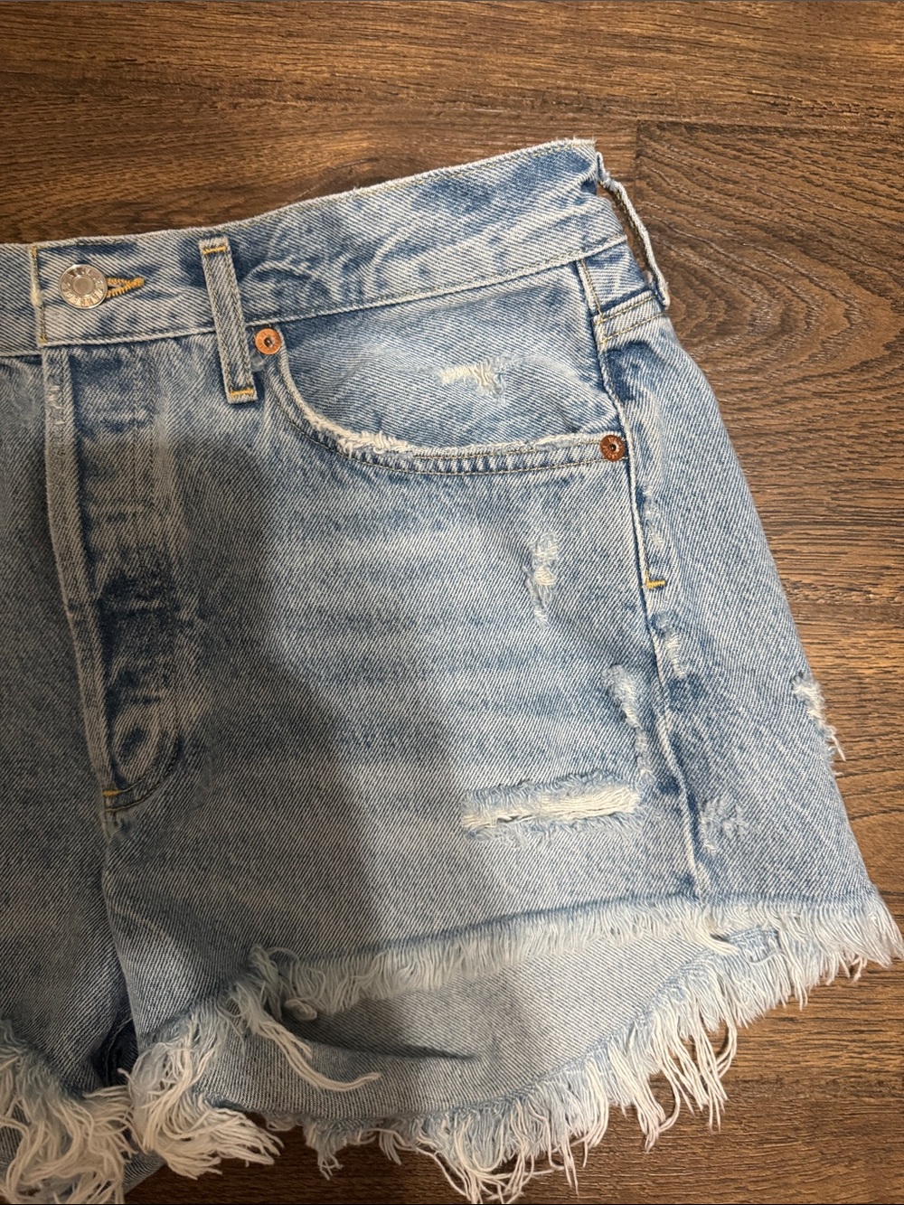 Agolde Light Blue Distressed High-Waist Cutoff Shorts - Picture 4 of 5